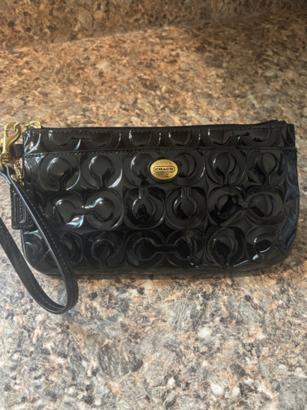 Coach Peyton OP ART Black Patent Leather Signature Wristlet